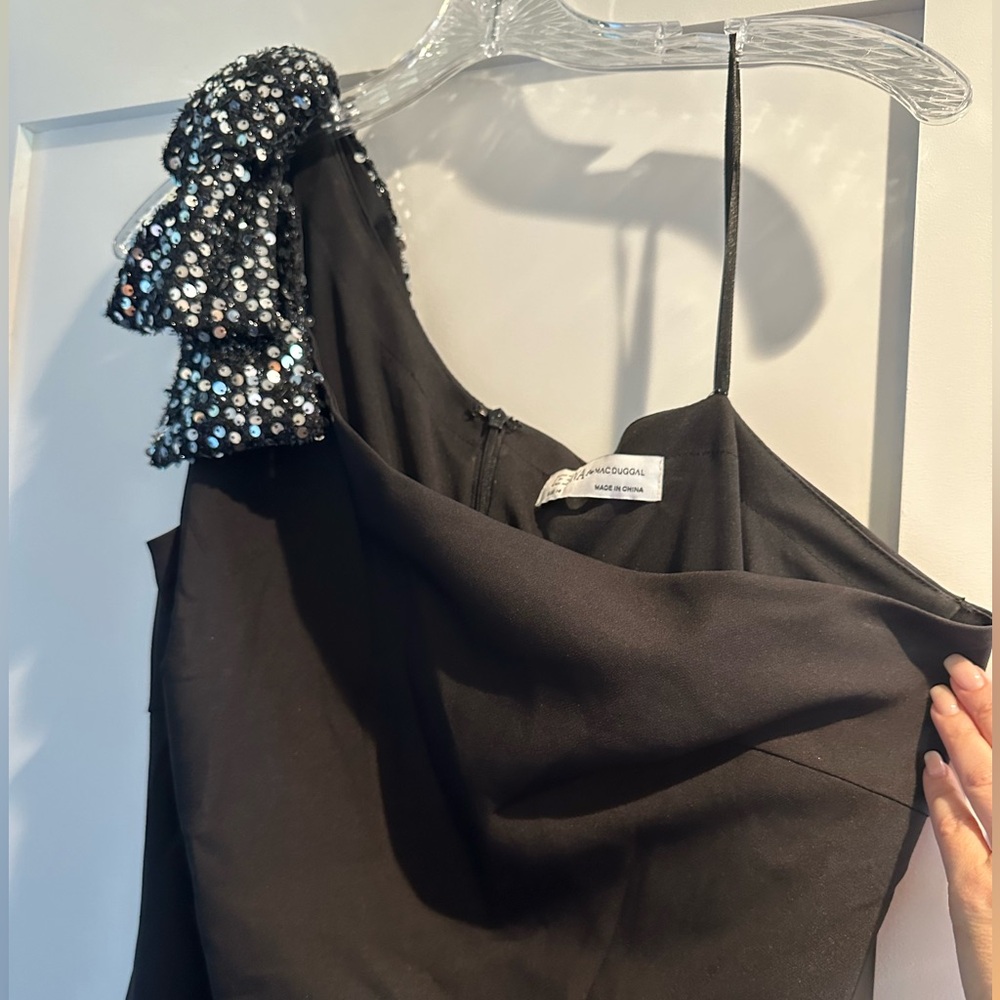 One shoulder bow long black evening dress by Mac Duggal